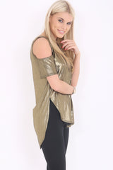Metallic Cold Shoulder Dip Hem Top