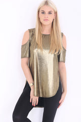Metallic Cold Shoulder Dip Hem Top