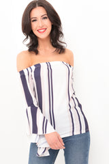 Gestreepte franje mouw bardot top