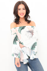Botanic Print Frill Sleeve Bardot Top