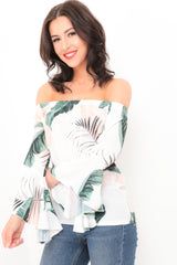 Botanic Print Frill Sleeve Bardot Top