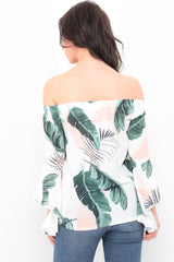 Botanic Print Frill Sleeve Bardot Top