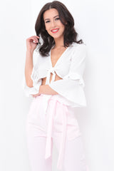 Tie Front Frill Sleeve Crop Top