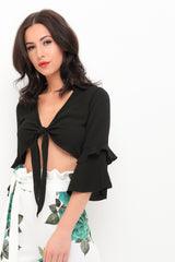 Tie Front Frill Sleeve Crop Top