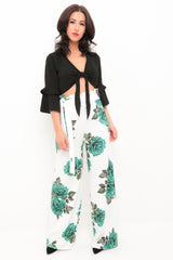 Rose Print Wide Leg Paper Bag Trousers