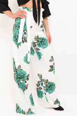 Rose Print Wide Leg Paper Bag Trousers