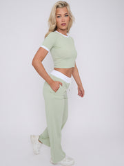 Contrast Trim Ribbed Crop Top & Wide Leg Trouser Co-ord