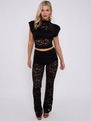 Lace Padded Shoulder Top & Fold Over Flared Trouser Co-ord