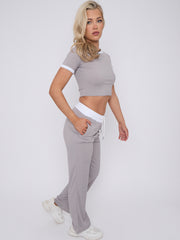 Contrast Trim Ribbed Crop Top & Wide Leg Trouser Co-ord