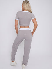 Contrast Trim Ribbed Crop Top & Wide Leg Trouser Co-ord