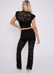 Lace Padded Shoulder Top & Fold Over Flared Trouser Co-ord