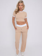 Contrast Trim Ribbed Crop Top & Wide Leg Trouser Co-ord