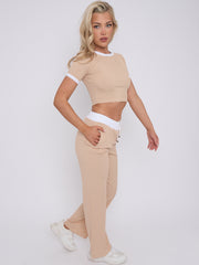 Contrast Trim Ribbed Crop Top & Wide Leg Trouser Co-ord