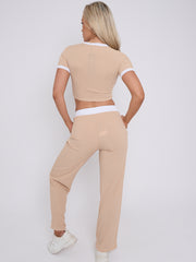 Contrast Trim Ribbed Crop Top & Wide Leg Trouser Co-ord