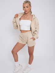 Cropped Zip Up Ruched Sleeve Hoodie & Shorts Fleece Co-ord