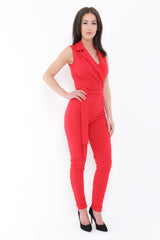 Tuxedo Style Tie Waist Wrap Jumpsuit