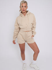 Cropped Zip Up Ruched Sleeve Hoodie & Shorts Fleece Co-ord