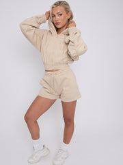 Cropped Zip Up Ruched Sleeve Hoodie & Shorts Fleece Co-ord