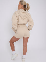 Cropped Zip Up Ruched Sleeve Hoodie & Shorts Fleece Co-ord