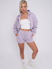 Cropped Zip Up Ruched Sleeve Hoodie & Shorts Fleece Co-ord