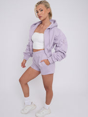 Cropped Zip Up Ruched Sleeve Hoodie & Shorts Fleece Co-ord