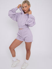 Cropped Zip Up Ruched Sleeve Hoodie & Shorts Fleece Co-ord