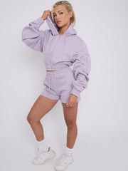 Cropped Zip Up Ruched Sleeve Hoodie & Shorts Fleece Co-ord