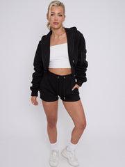 Cropped Zip Up Ruched Sleeve Hoodie & Shorts Fleece Co-ord