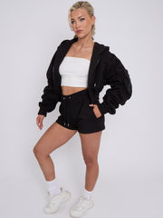 Cropped Zip Up Ruched Sleeve Hoodie & Shorts Fleece Co-ord