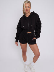 Cropped Zip Up Ruched Sleeve Hoodie & Shorts Fleece Co-ord