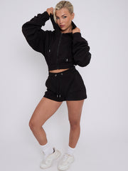 Cropped Zip Up Ruched Sleeve Hoodie & Shorts Fleece Co-ord