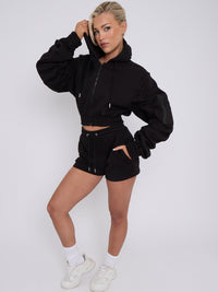 Cropped Zip Up Ruched Sleeve Hoodie & Shorts Fleece Co-ord - Black