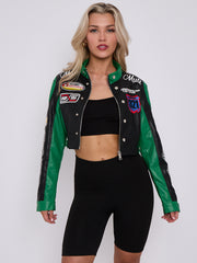 Colour Block Embroidered Vintage PU Biker Jacket