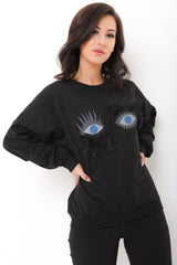Oversized Printed Jumper With Eyelash Detail