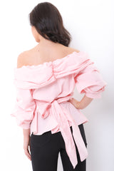Ruffle Bardot Top With Tie Waist