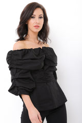 Ruffle Bardot Top With Tie Waist