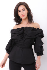Ruffle Bardot Top With Tie Waist
