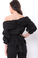 Ruffle Bardot Top With Tie Waist