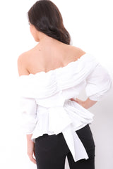 Ruffle Bardot Top With Tie Waist