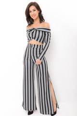 Striped Bardot Crop Top and Split Trouser Set