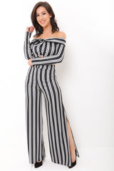 Striped Bardot Crop Top and Split Trouser Set