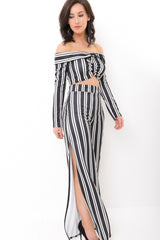 Striped Bardot Crop Top and Split Trouser Set