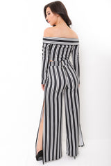 Striped Bardot Crop Top and Split Trouser Set