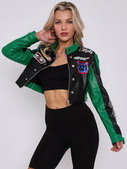 Colour Block Embroidered Vintage PU Biker Jacket