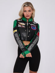 Colour Block Embroidered Vintage PU Biker Jacket