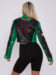 Colour Block Embroidered Vintage PU Biker Jacket