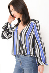 Striped Dip Hem Wrap Front Top