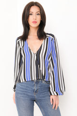 Striped Dip Hem Wrap Front Top
