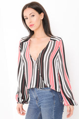 Striped Dip Hem Wrap Front Top