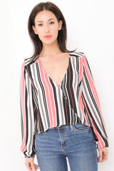 Striped Dip Hem Wrap Front Top